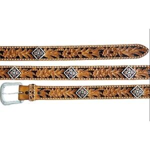 Western Leather Belt Tooled Floral Saddle Tan Ranger Rodeo Studded Size 34